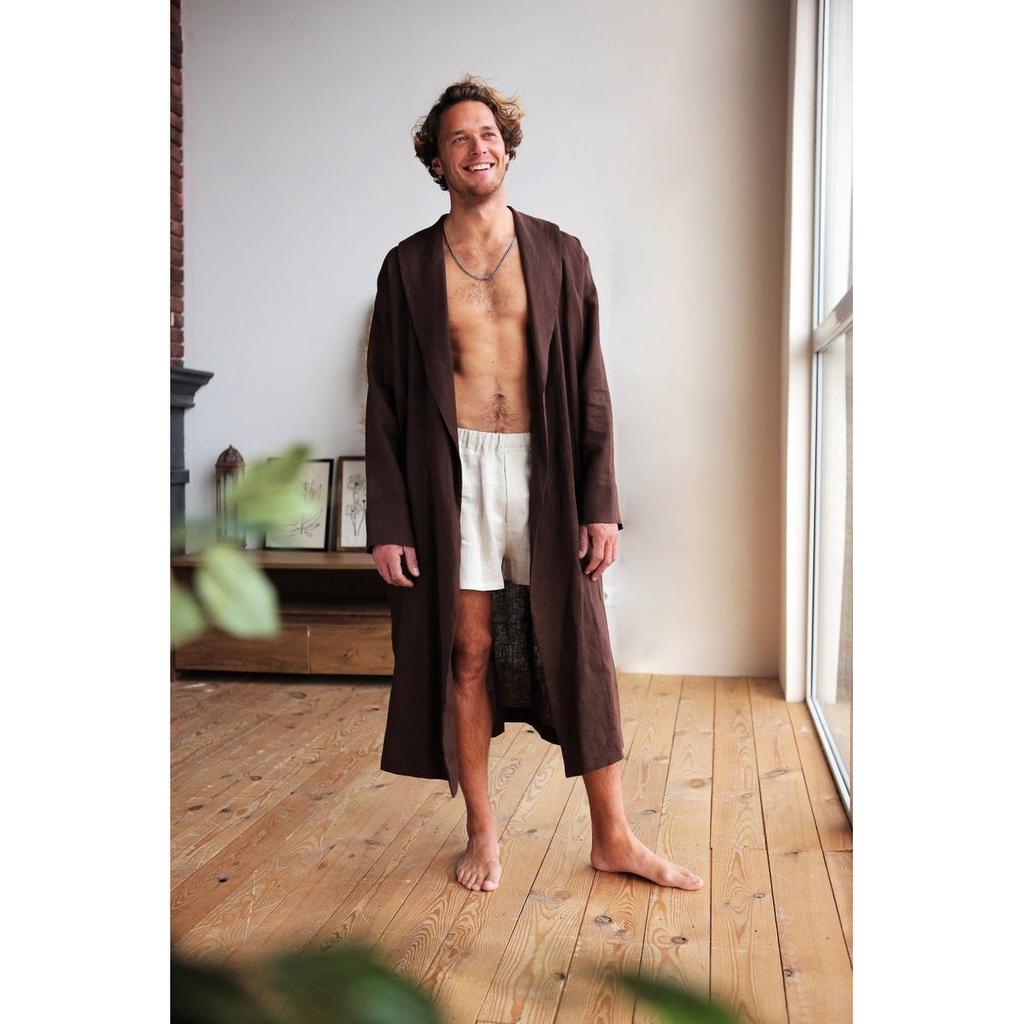 Linen Bath Robe with Belt Long Sleeve Side Pocket
