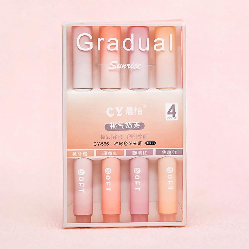 4Pcs/set Macaron Highlighters Color Gradient Highlighter Pens Kawaii Stationery Students Marker Pen Cute School Office Supplies