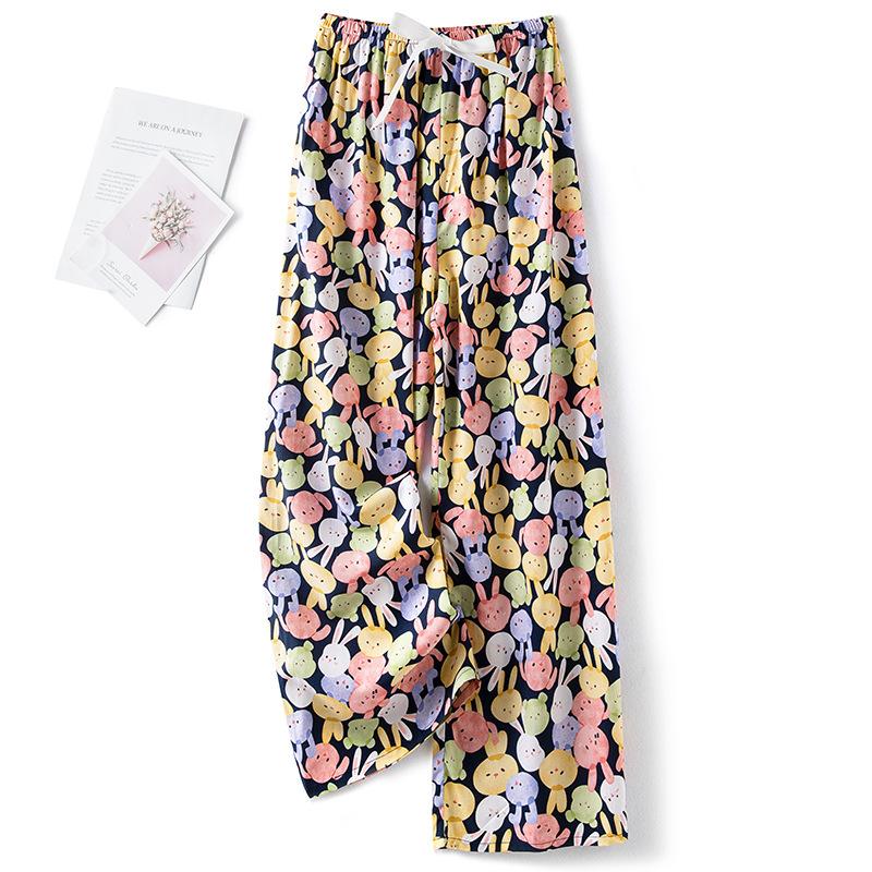 Pantaloni de pijama din bumbac mătase pentru femei, secțiune subțire de vară, anti-țânțari, pantaloni cu picior lat, culoare uni, pentru exterior, casă, petrecere a timpului liber, imprimeu, pantaloni de plajă până la genunchi