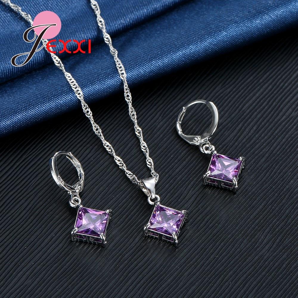 Exquisite Beautiful Colorful Square Crystal Girlfriend Gift Engagement Jewelry 925 Sterling Silver for Fashion Women