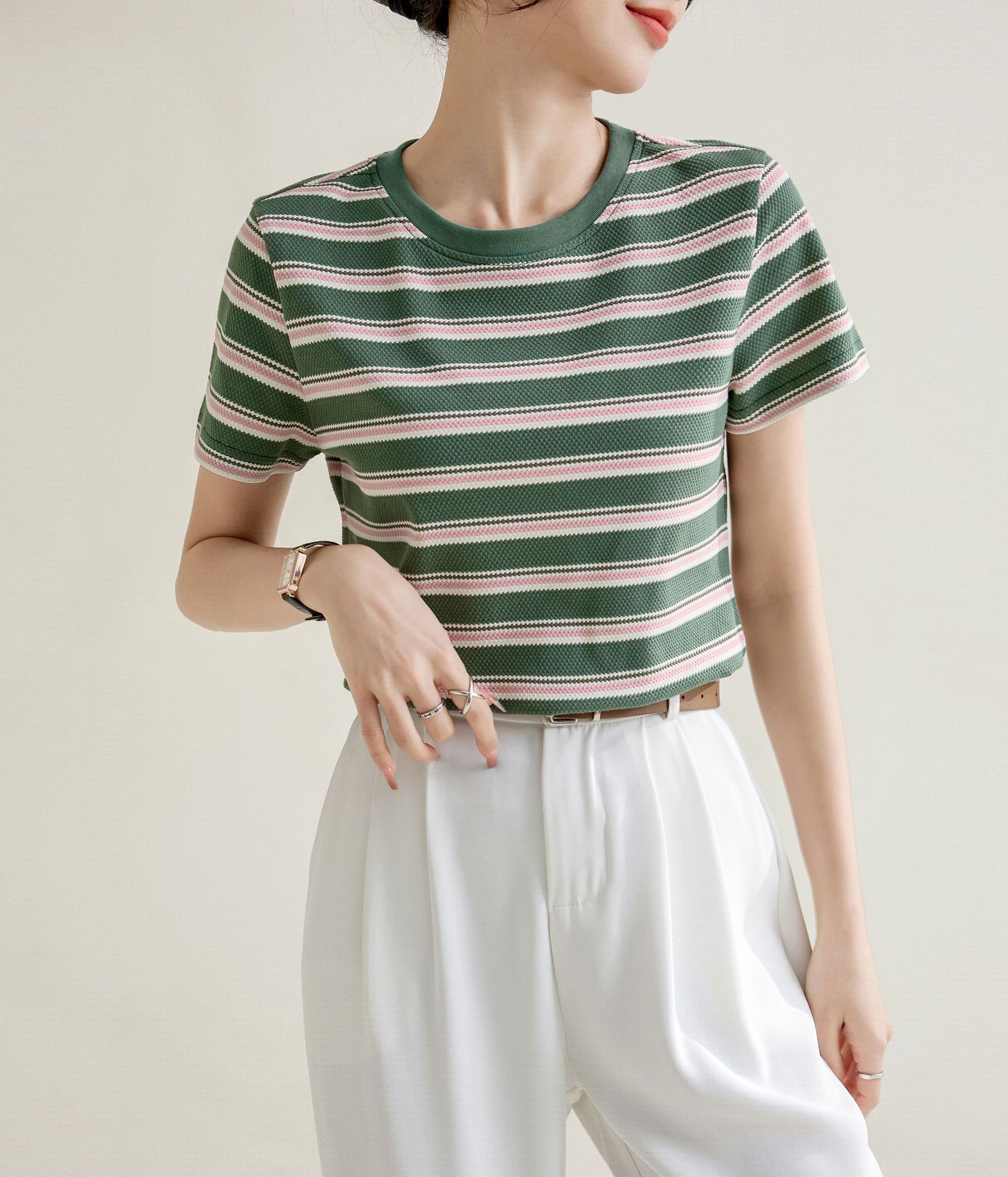 

Футболка Niche с круглым вырезом и короткими рукавами, текстурированная, женская, весна-лето 2024 г., новый стиль, узкий полосатый топ с правым плечом XL