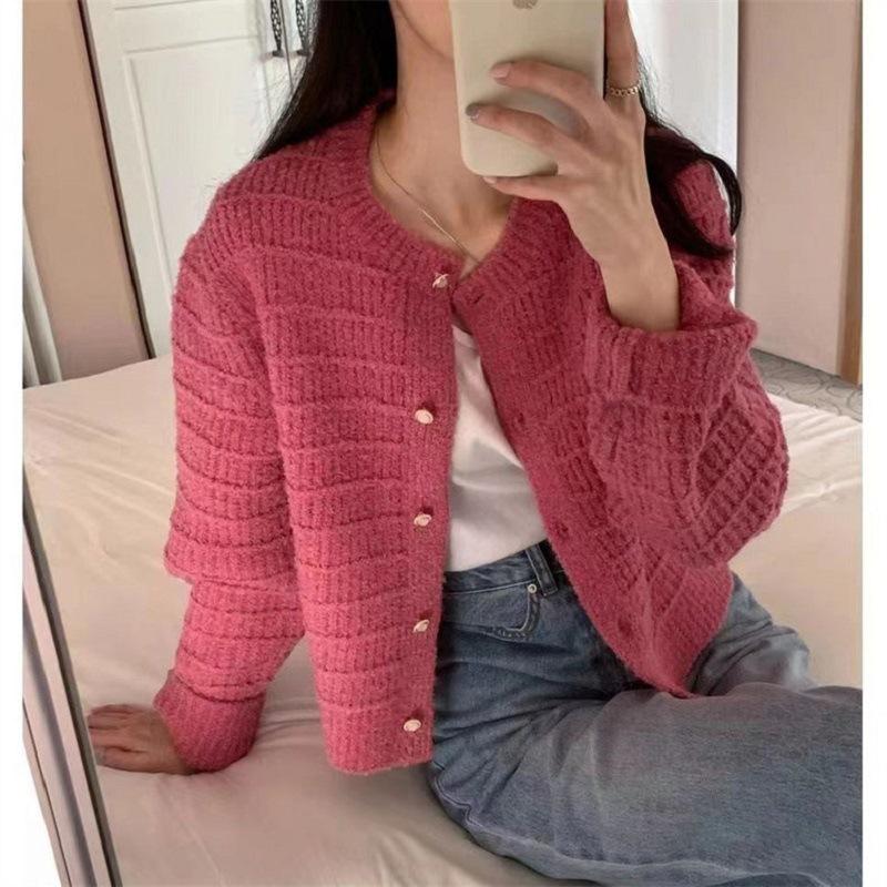 

Autumn and winter retro round neck texture woven design loose long-sleeved short knitted sweater average size