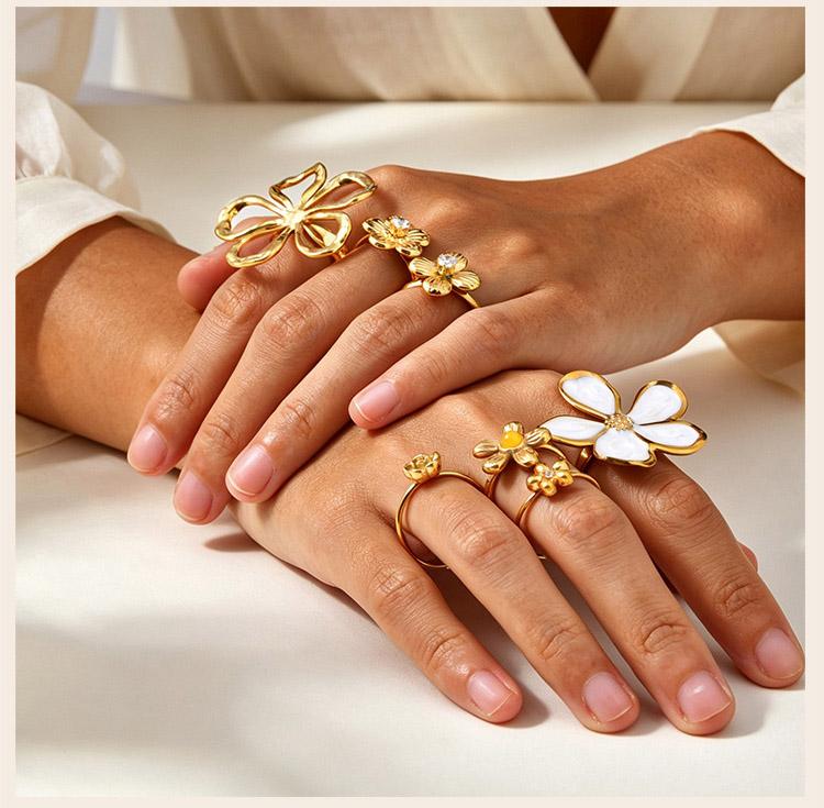 Open Adjustable Flower Ring, Stainless Steel 18K PVD Gold Plated, Waterproof Tarnish Free Trendy Floral Jewelry Gift for Women