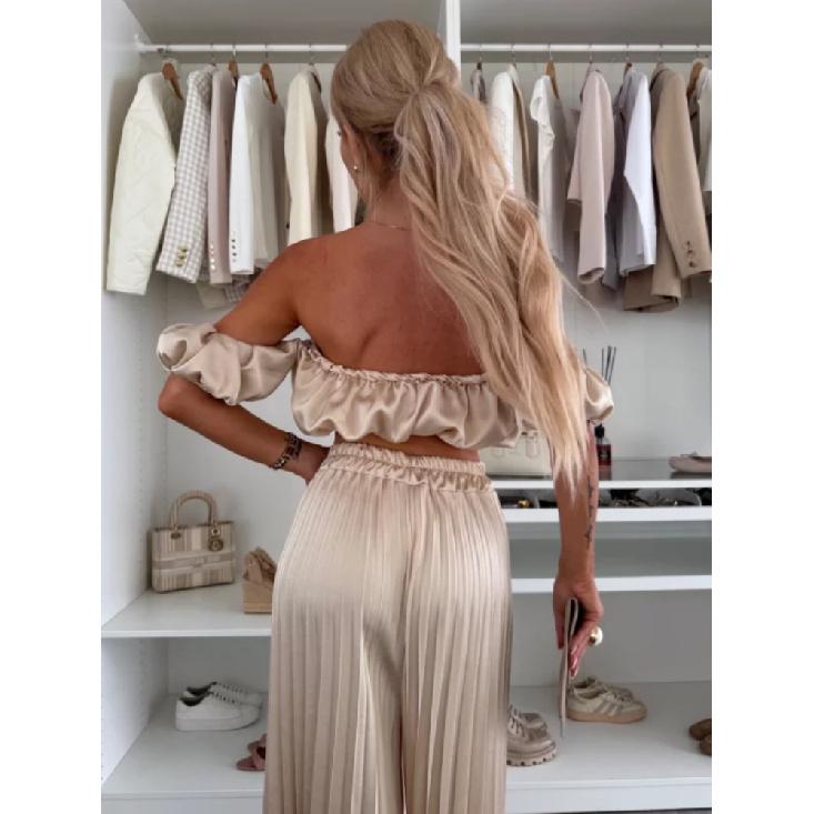 Eleganter einfarbiger Sommer-Neuzugang Damen Langarmweste und plissierte Hose Set Modisches und stilvolles Outfit