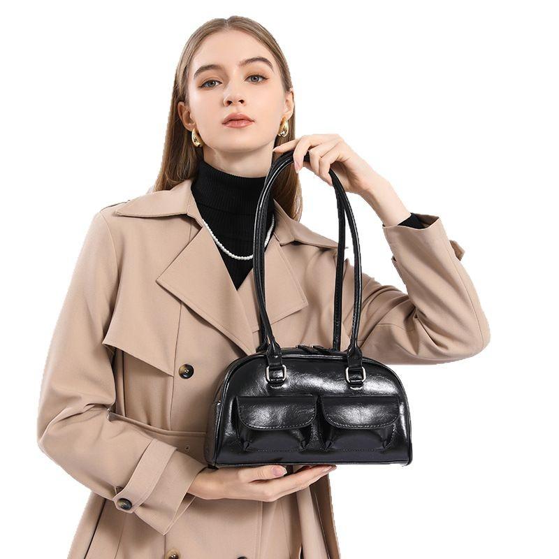 Women's Bag, Fashionable and Niche Leather Bowling Bag, Multi-pocket Underarm Bag, Commuter Handbag, Single-shoulder Bag