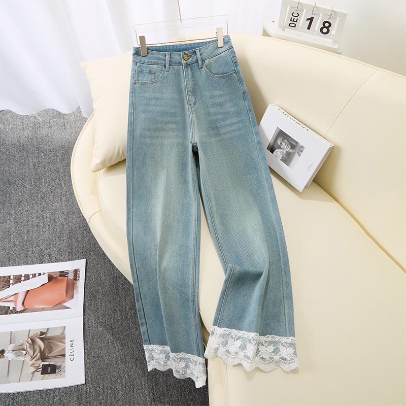 

Plus Size Retro Lace Patchwork High Waist Wide Leg Jeans for Women - 2026 Spring/Autumn Design 28 світло-синій колір