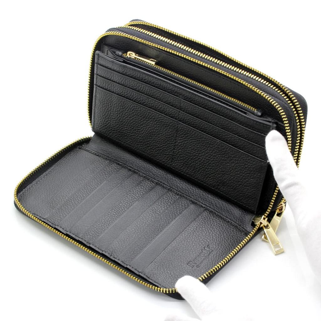 [Revetta] Stingray Leather Long Wallet, Large Capacity, Galuchat, Black, 40 Card Slots, Double Zipper Closure, Handle, Gold, Black, Men's, Genuine