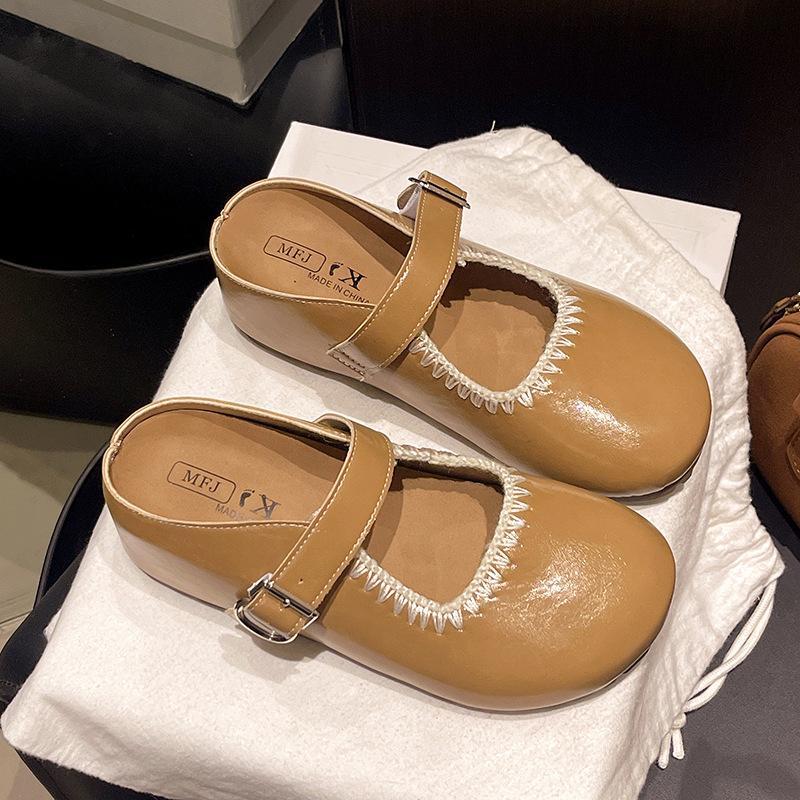 Rhinestone women's woven ballet shoes 2025 new round head Mary Jane rivet soft leather hollow flat-bottomed dance shoes