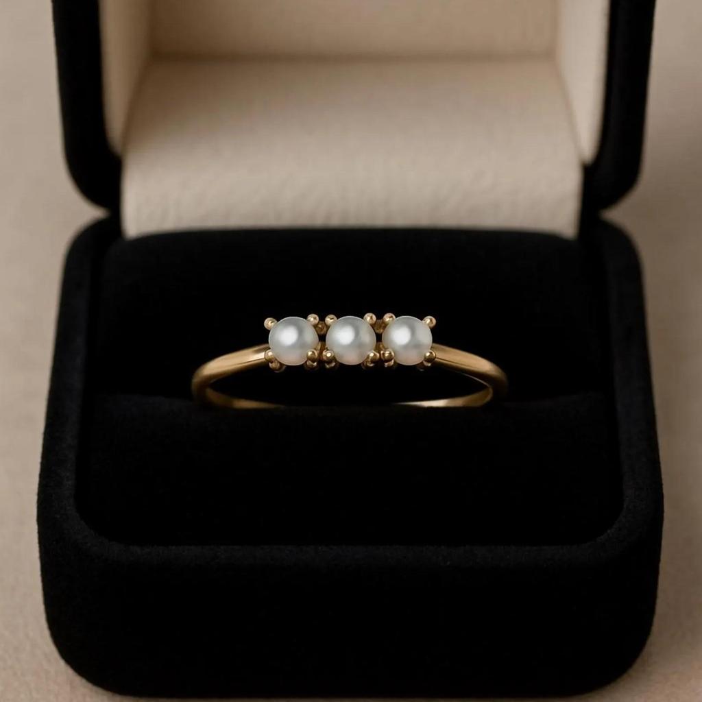 Yellow Gold Plated Pearl Ring: Minimalist June Birthstone Stacking Ring: Art Deco Dainty Bridal Jewelry for her