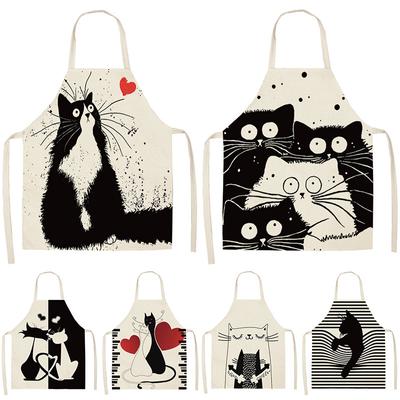 Kitchen Cooking Baking Apron Black Cute Cat Print Women's Sleeveless Cotton and Linen Household Apron