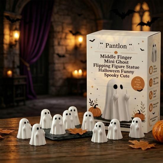 Small Haunted House Props Mini Ghost Flipping Middle Finger Figurines for Halloween Decorations, Miniature Resin Office Shelf Ornaments Statue Tiered