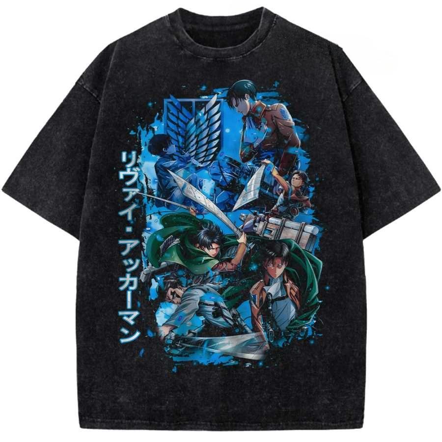 Levi Attack On Titan Anime Clothing Men Women Oversized T-shirts Short Sleeve Washed T Shirt Vintage Cotton Tshirt Harajuku Tops