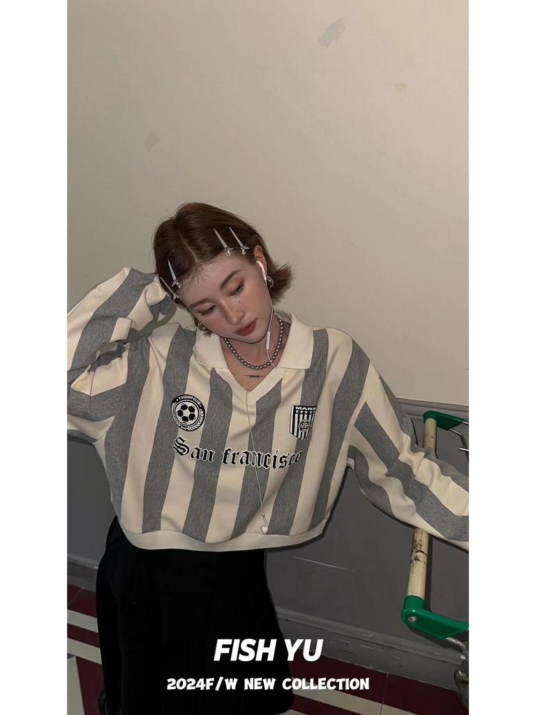 2025 Spring/Autumn Retro Jersey Vertical Stripe Letter Print Polo Collar Sweatshirt for Women