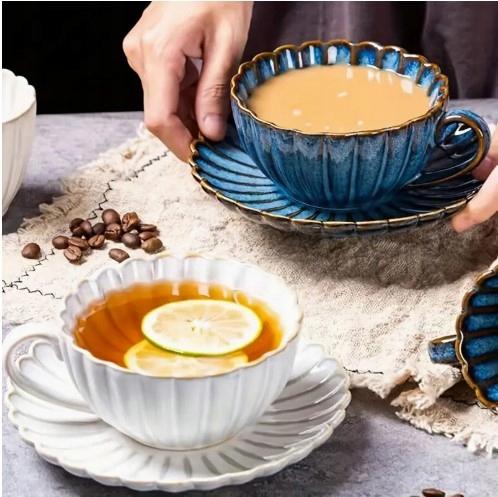 Elegant Ceramic Cup and Saucer Set for Tea Coffee White Large