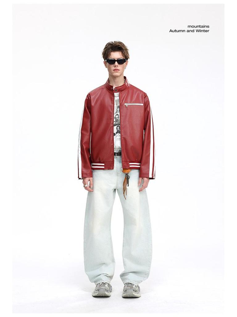 Herren Trendy Lederjacke mit Stehkragen - Lockere Passform, Lässig, Modisch, Bequemes Gewebe mit Schlichtem Linienmuster.