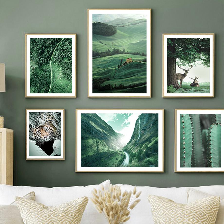 Tiger Deer Wald Berg Gras Kaktus Wand Kunst Leinwand Malerei Nordic Poster Und Drucke Wand Bilder Für Wohnzimmer Dekor