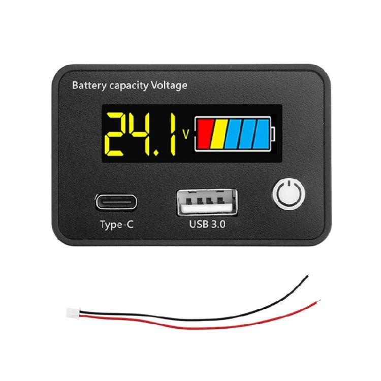 LCD Display Battery Power Monitor with  QC3.0 USB Type C Port for Electric Vehicle Solar Car Lithium Lead Acid Batteries