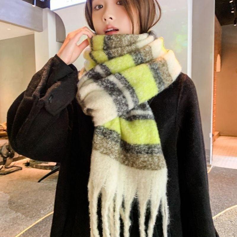 Mohair plaid scarf women's winter sea salt milk coffee blue thickened atmosphere warm student shawl scarf