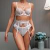 Moonlit Lace Embroidered 3pc Lingerie Set White See-through Sexy Underwear Bridal Sheer Bra with Bow and Panties Garter Belt