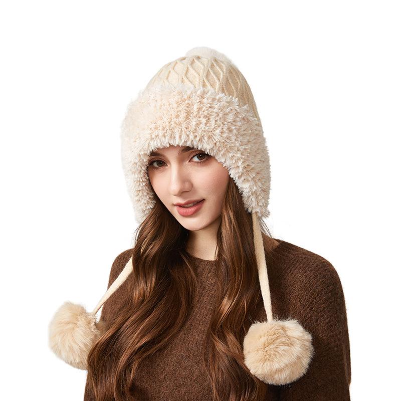 Autumn Winter Women's Three-Hair Ball Velvet Thick Cold Ear Protection Warm Knitted Cap