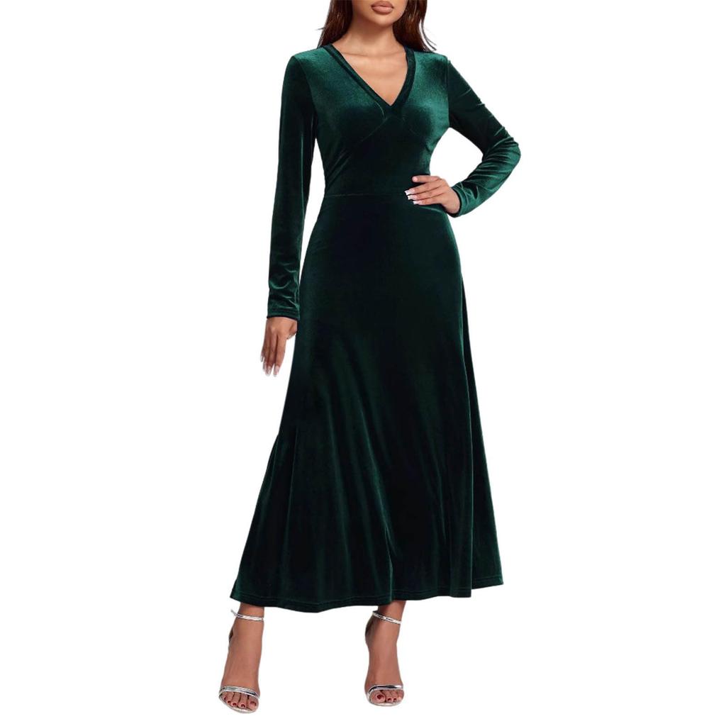 Women's Fashion Casual V-neck Velvet A-line Dress With Elegant Long Sleeves, Solid Color