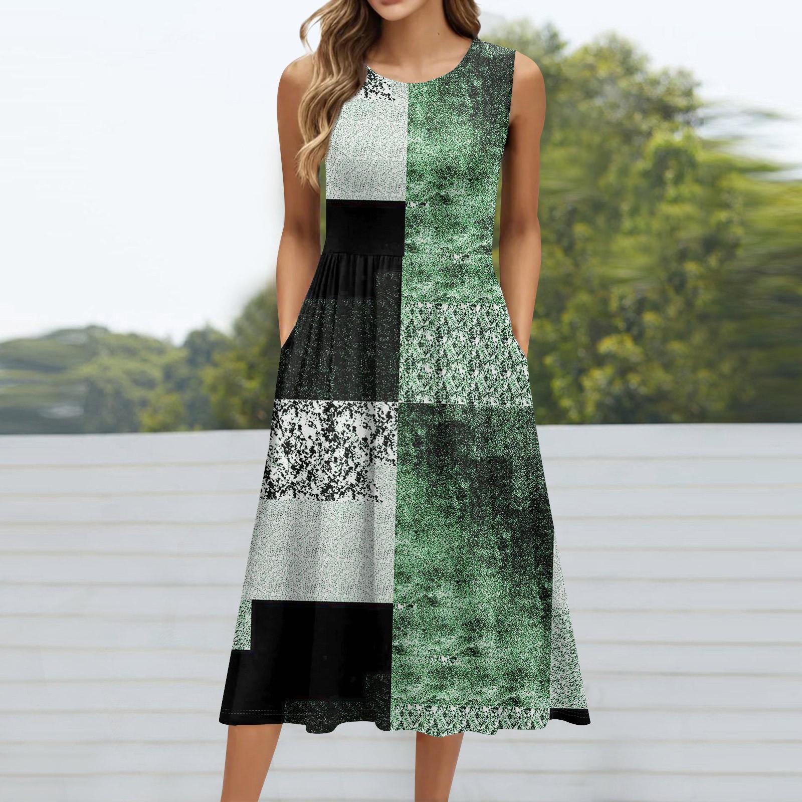 

Женское модное ретро-платье с цветочным принтом, круглым вырезом, без рукавов, повседневным свитером и карманом средней длины XXL зелёный