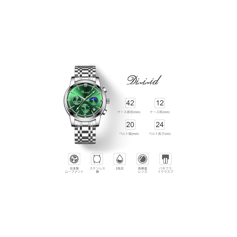 DIZIZID Men's Analog Quartz Chronograph Watch Silver Green Stainless Steel Band Waterproof Date Display Multi-Function
