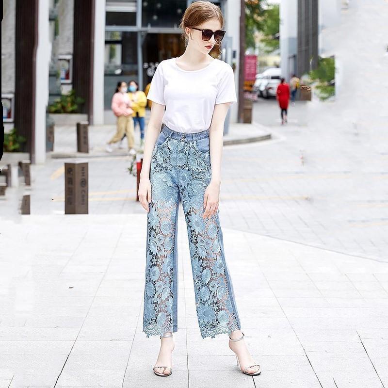Lace Patchwork Plus Size Vintage Floral High Waist Casual Loose Women Summer Jeans Denim Wide Leg Pants