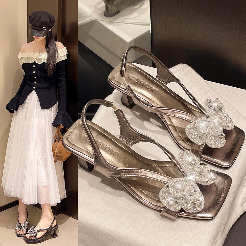 Shallow mouth empty rhinestone bow empty sandals high heels summer new one-pedal sandals women