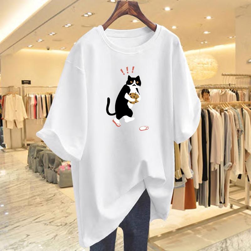 

футболка из чистого хлопка с принтом белого кота, женская, летняя, новая, свободный топ, базовая футболка S