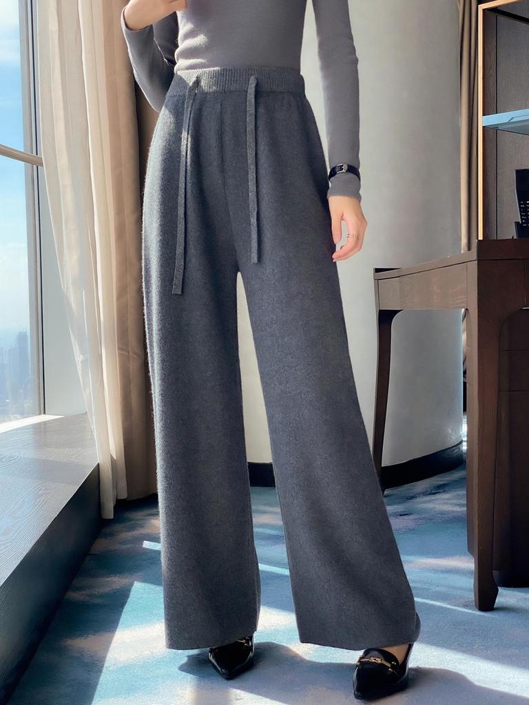 Women's Thickened Wool Knit High-Waisted Wide-Leg Floor-Length Pants for Autumn/Winter