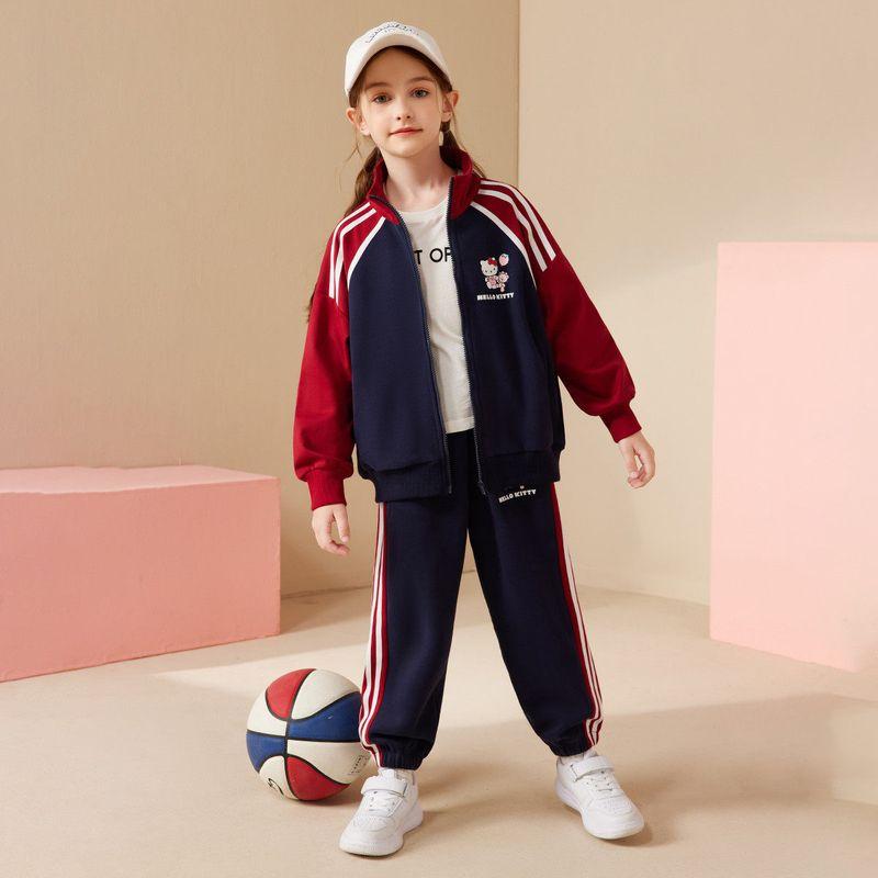 Hellokitty Girls  Suit 24 Spring and Autumn Versatile Casual Jacket and Pants Two-Piece Set for Older Children Navy blue 110