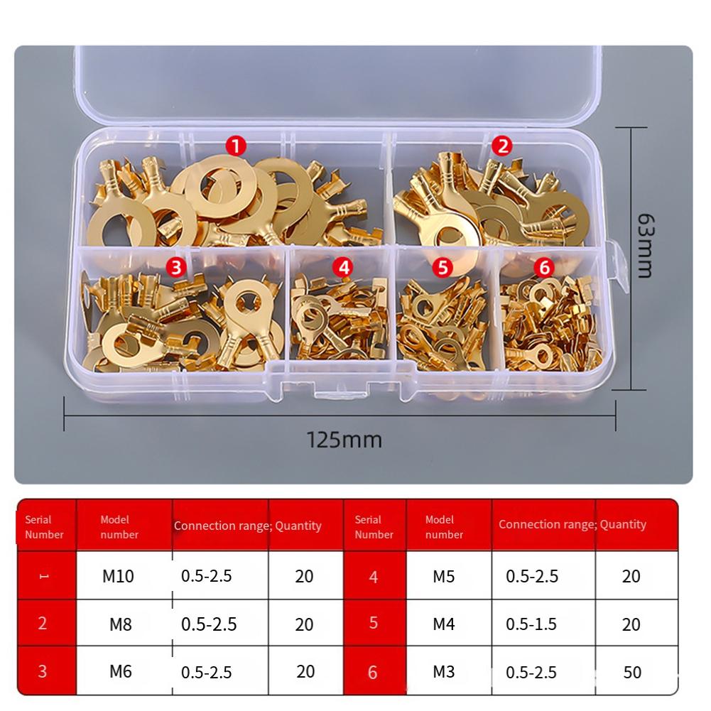 Brass Ring Cable Lug Kit 150PCS M10 Sizes for Electrical and Electronic Wiring with Clear Storage Box for Easy Access