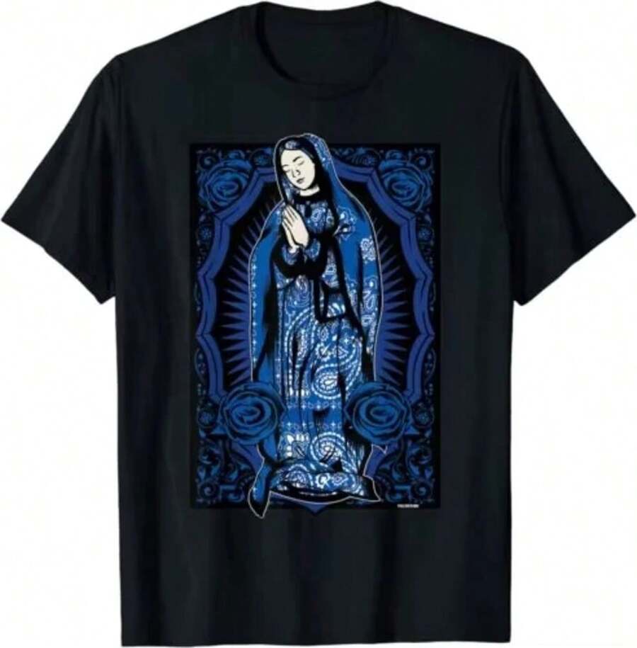 NEW LIMITED Virgin Mary Mexican Blanket Art Blue Bandana Print Chicano T-Shirt Harajuku Streetwear Cyberpunk Graphic Printing S