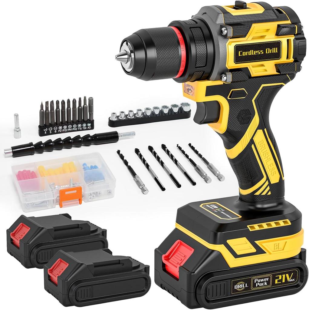 21V Cordless Brushless Drill Set, 2x2.0Ah Batteries, 3/8' Metal Chuck, 25+1 Torque, 2 Speed, 87PCS DIY Home Repair Tool Kit