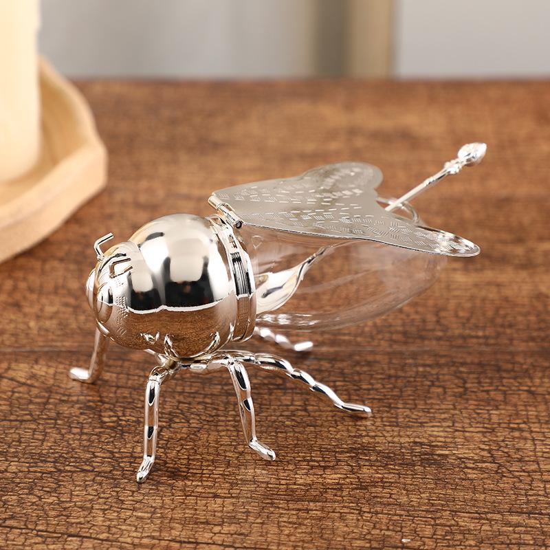Elegant European-Style Gold Bee Sugar Bowl with Spoon – High-End Metal Craft Kitchen Jar