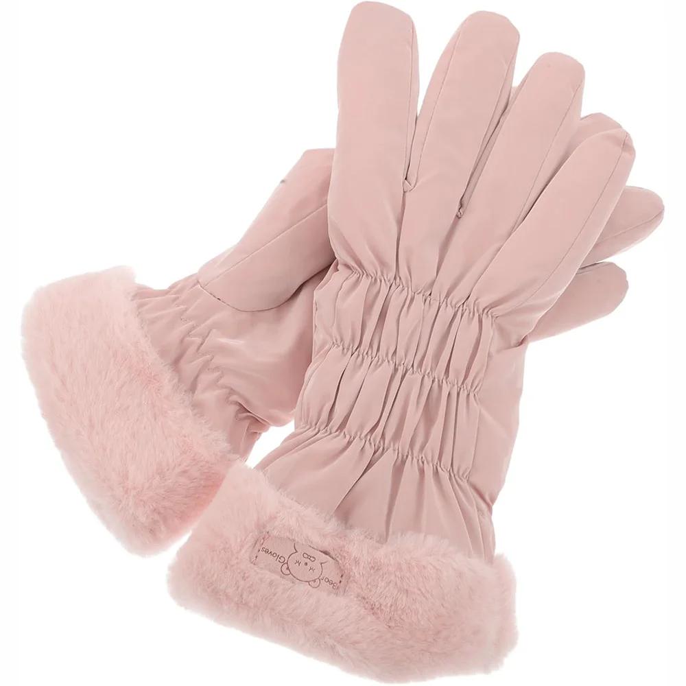 Ski Gloves Women Winter Fleece Thickened Warm Plush Cotton Waterproof Touch-Screen Gloves For Outdoor Riding Mountaineering