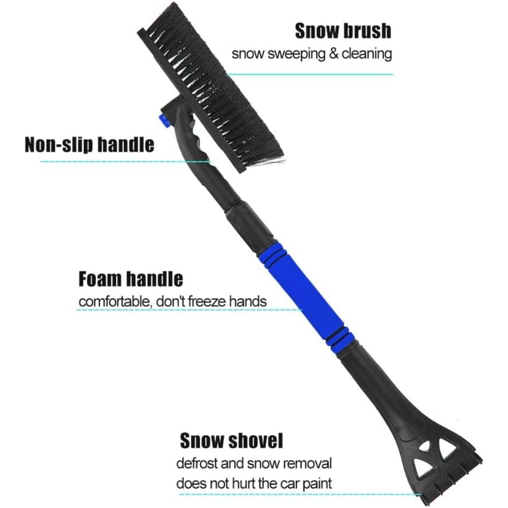 Skrobaczka do szyb samochodowych z miotłą, 2 w 1 skrobaczka do szyb samochodowych i szczotka do śniegu, głowica szczotki 360°, antypoślizgowa rączka z pianki, do samochodów osobowych, ciężarowych, SUV-ów, szyb przednich