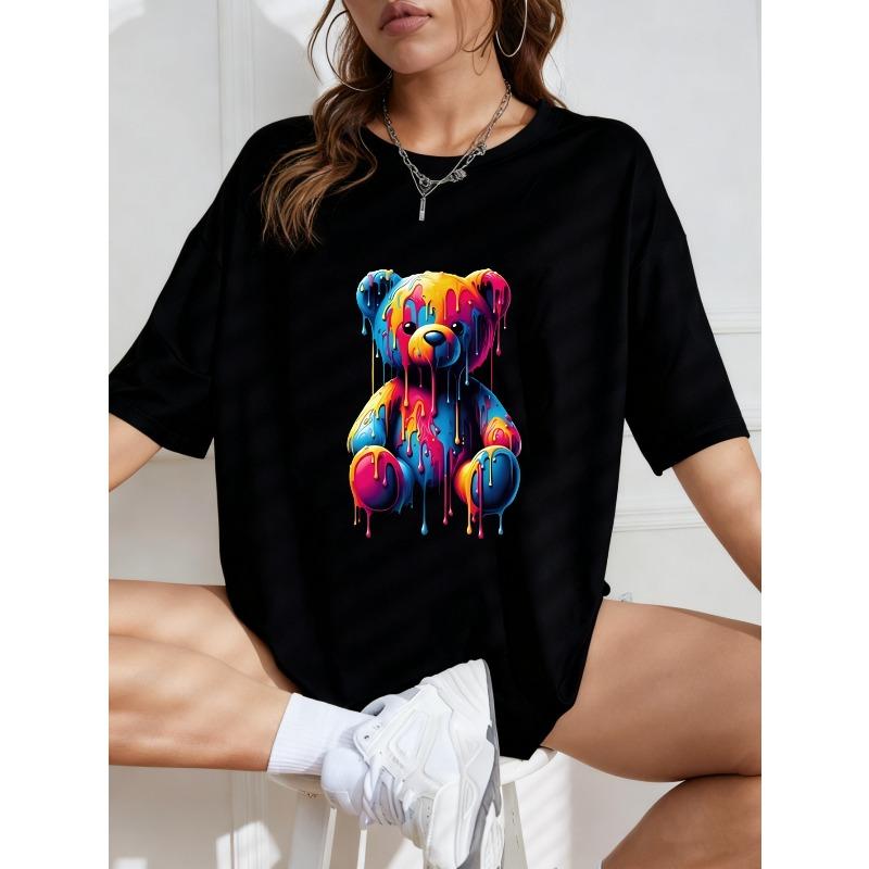 White Oversized T Shirt With Colorful Dripping Paint Bear Print For Casual Wear
