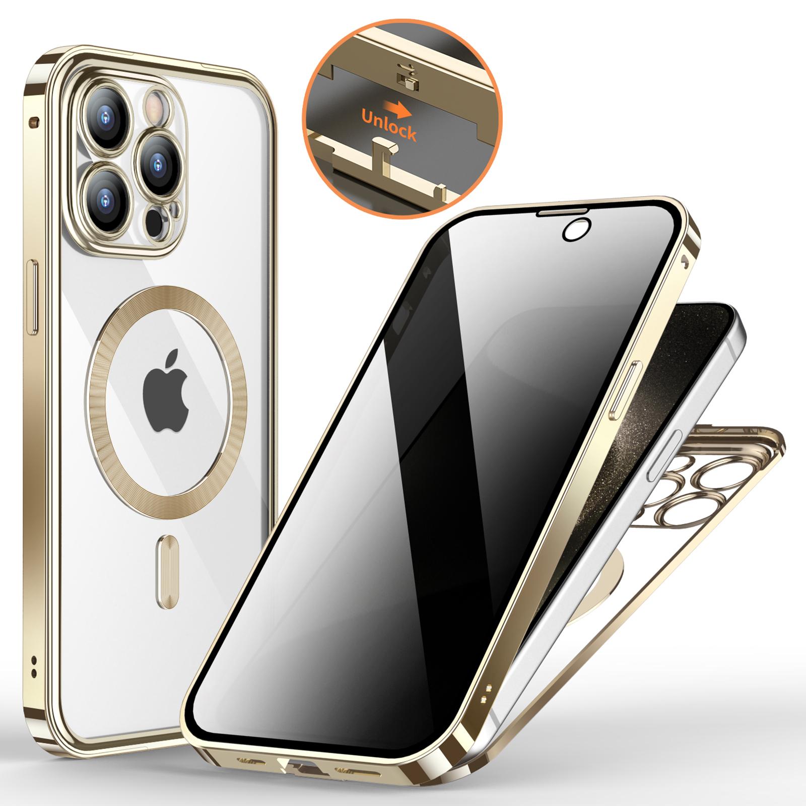 

For iPhone 15 Pro Max Magnetic Case Tempered Glass+PC Anti Peeping Phone Cover Gold