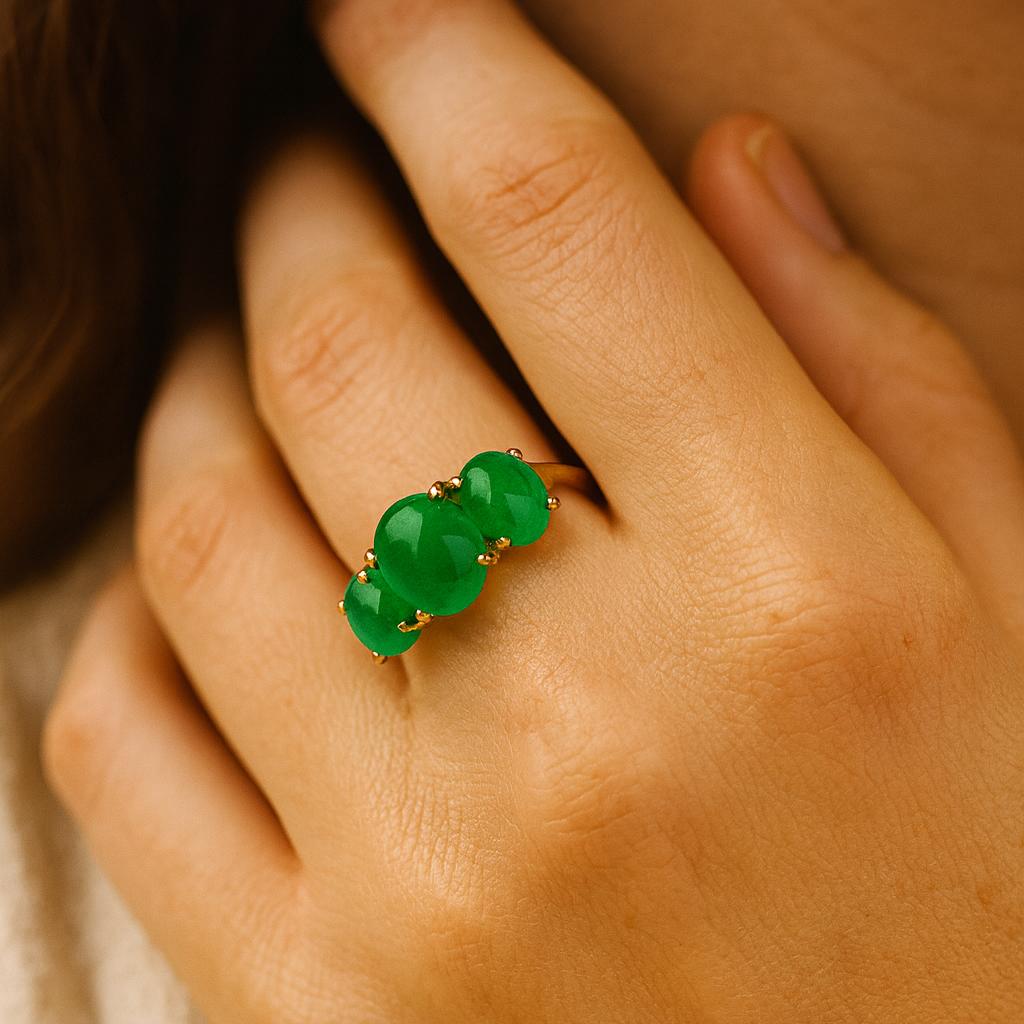 Anillo para Mujer de Ónix Verde Natural de 9X7MM, Anillo Trío de 3 Piedras Preciosas, Regalo Declaración de Amor, Joyería Personalizada