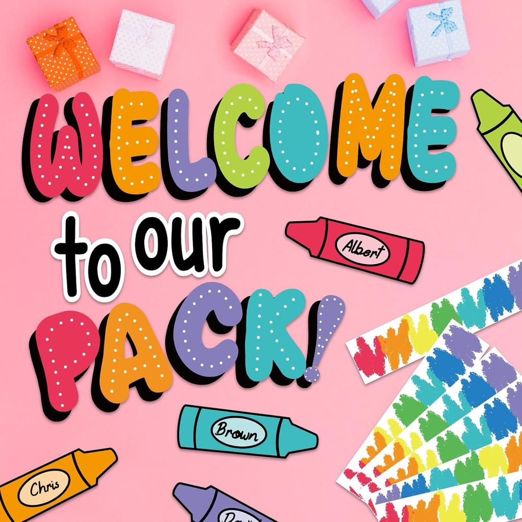 63Pcs Classroom Bulletin Board Decorations Set - Welcome to Our Pack Crayon Cutouts with Border Trims for School Classroom Door Home Wall Decorations