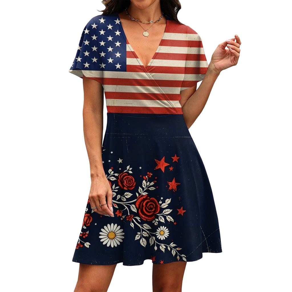 Dames Casual Jurk met Korte Mouwen en V-hals met Vlag en Bloemenprint Losse Pasvorm Lichtgewicht Zomerjurk