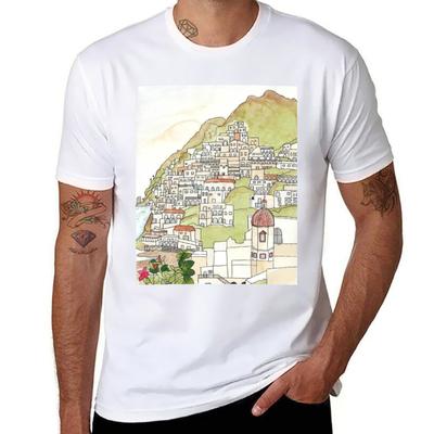 Positano Tinte und Aquarell T-Shirt T-Shirts Baumwolle 100% T-Shirts für Mann Baumwoll-T-Shirt