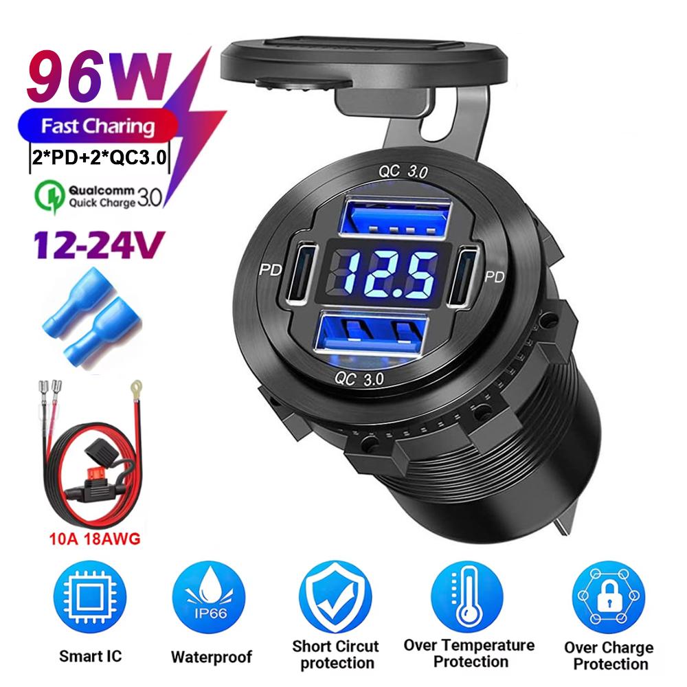 83W Max Phone Charger Socket 45W PD+QC3.0 Fast Charging 22.5W Dual USB+Type C Outlet 3 Ports Power Adapter Waterproof 12V-24V