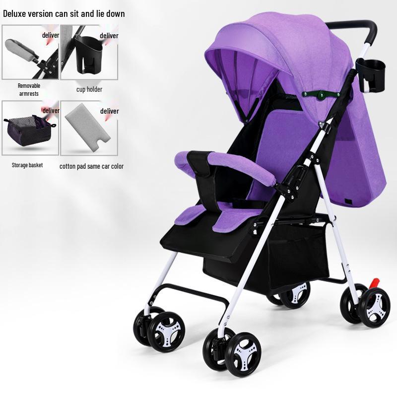 Lightweight Foldable Baby Stroller, Four-Wheeled, Convertible for Sitting or Lying, One-Button Fold Portable Design