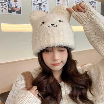 Herbst- und Wintermützen Damen niedlich Bär Plüsch gestrickte Wollmützen Winter warm Ohrenmützen dick