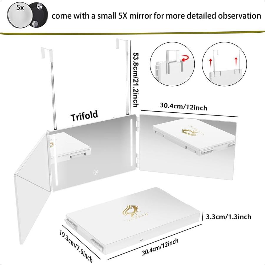 

Светодиодное трехстороннее зеркало для обзора затылка, зеркало 360 для женщин для плетения волос, телескопические крючки, зеркало против запотевания HD-стекло, трехстороннее для Се United States