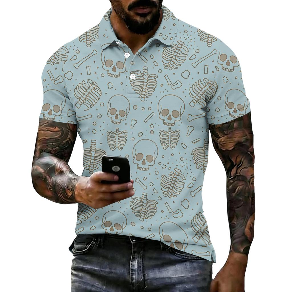 Unisex Loose Fit Casual Short Sleeve Polo Shirt with Halloween Skull and Print for Everyday Wear and Themed Events