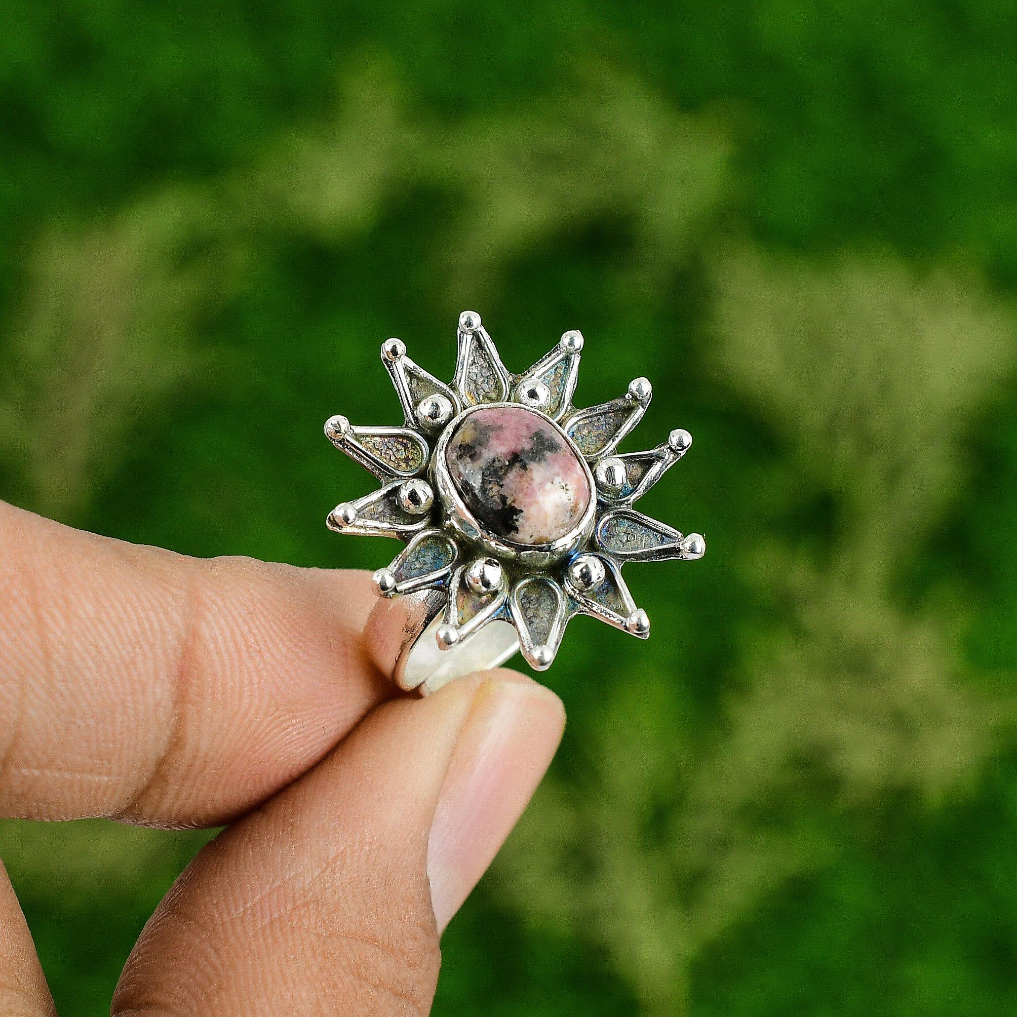 

Распродажа ко Дню женщин Кольцо-заявление из серебра 925 пробы с натуральным родонитом, в виде цветка для жены Adjustable